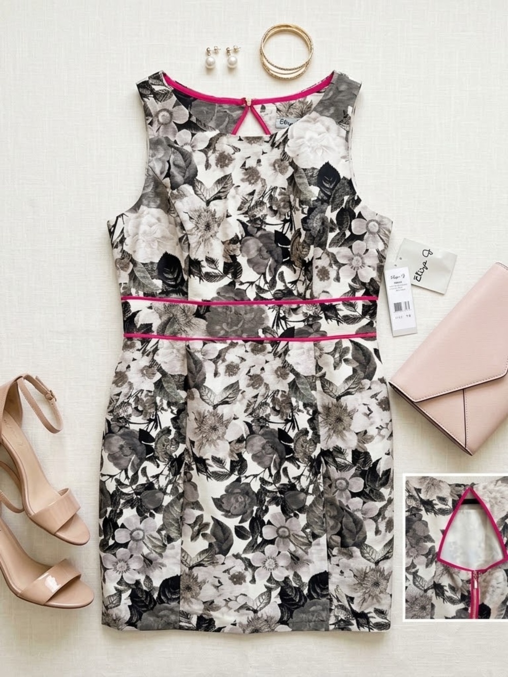 Eliza J Black White Floral Sheath Dress Pink Piping Cutout Back 14 NWT